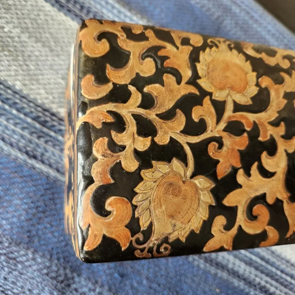 Vintage Heavy Oriental Accent Ceramic Trinket Box Black/Gold Rocco Chinoiserie